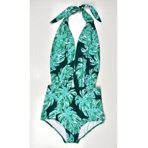 Cocoship Retro One Piece Palm Print Swimsuit Large